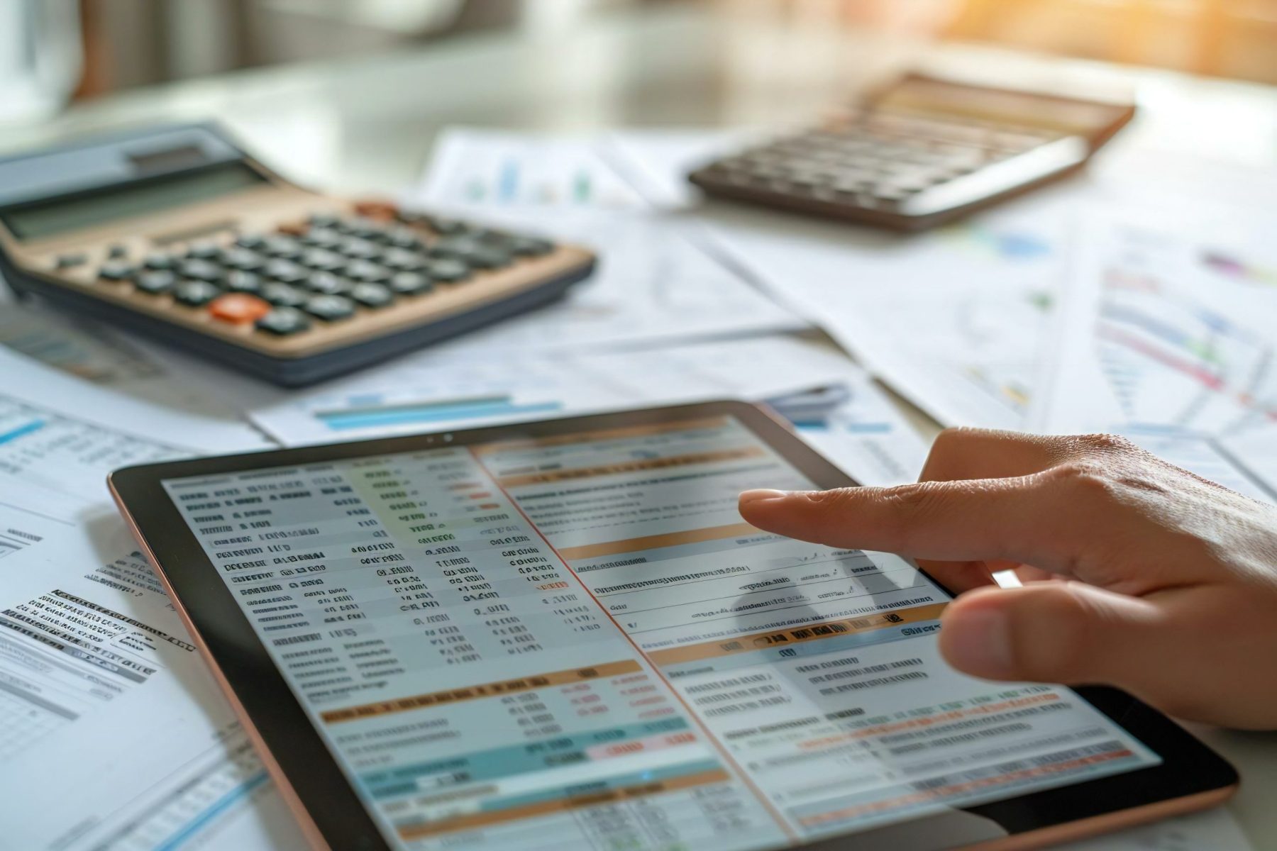 A person examines a tablet displaying financial data on a table cluttered with papers, two calculators, and documents related to Westchester Probate in the background.