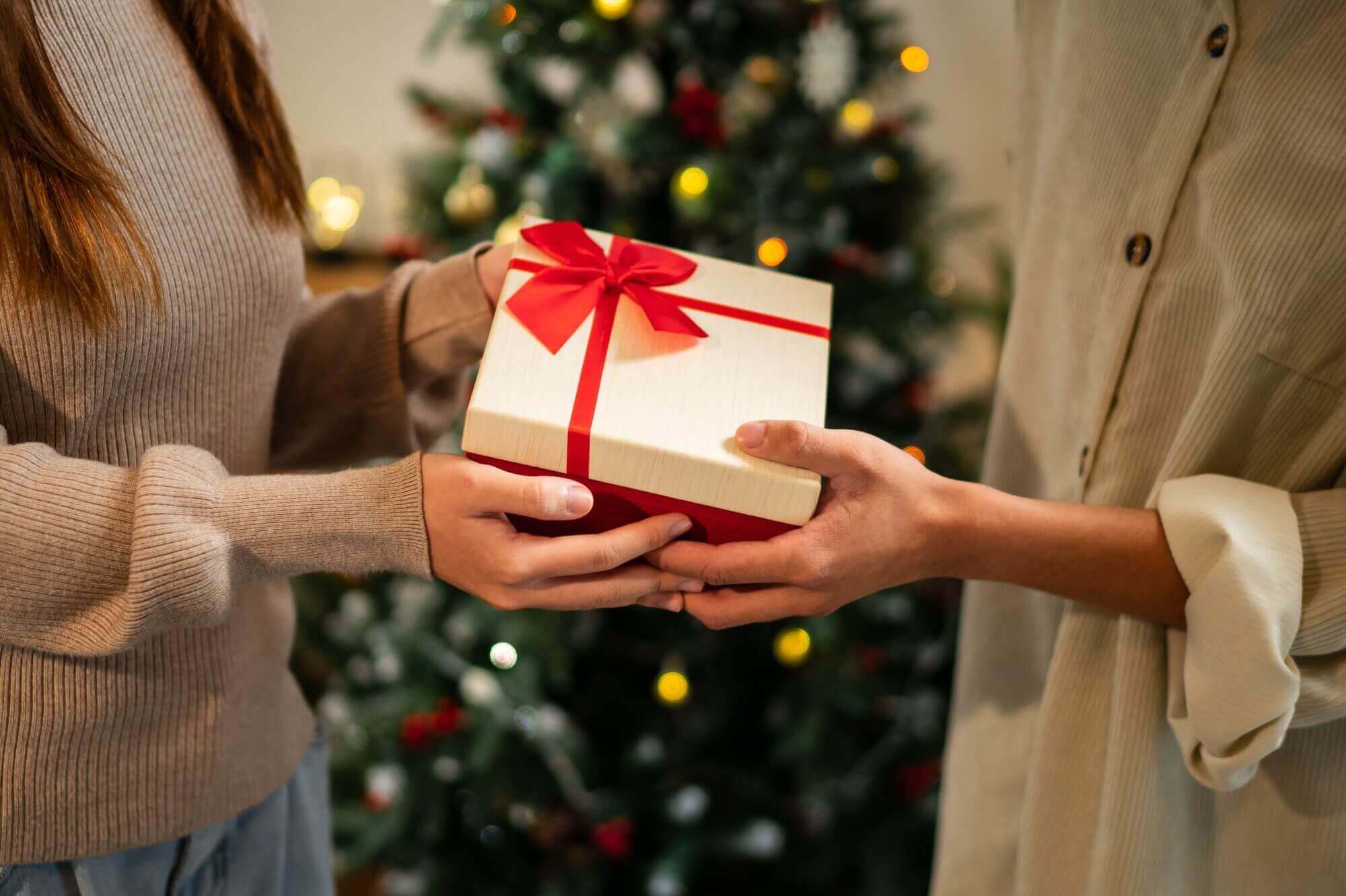 Two people exchange a wrapped gift with a red ribbon in front of a decorated Christmas tree, their eyes sparkling with holiday cheer reminiscent of the warmth found in Hinsdale Wills gatherings.