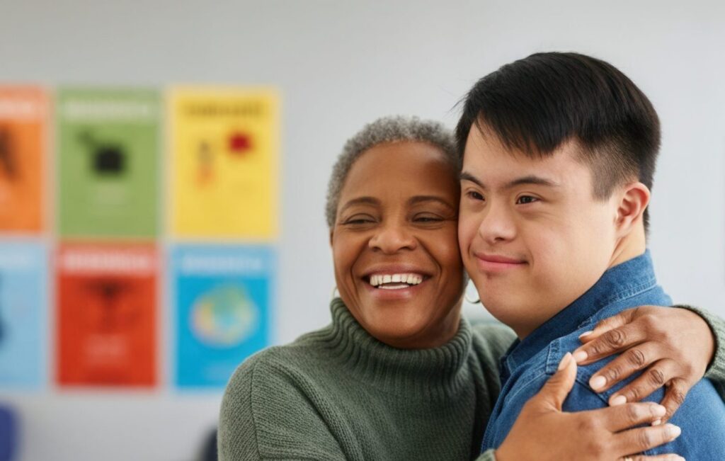 An older woman and a young man with Down syndrome are smiling and hugging in a brightly lit room with colorful posters on the wall.