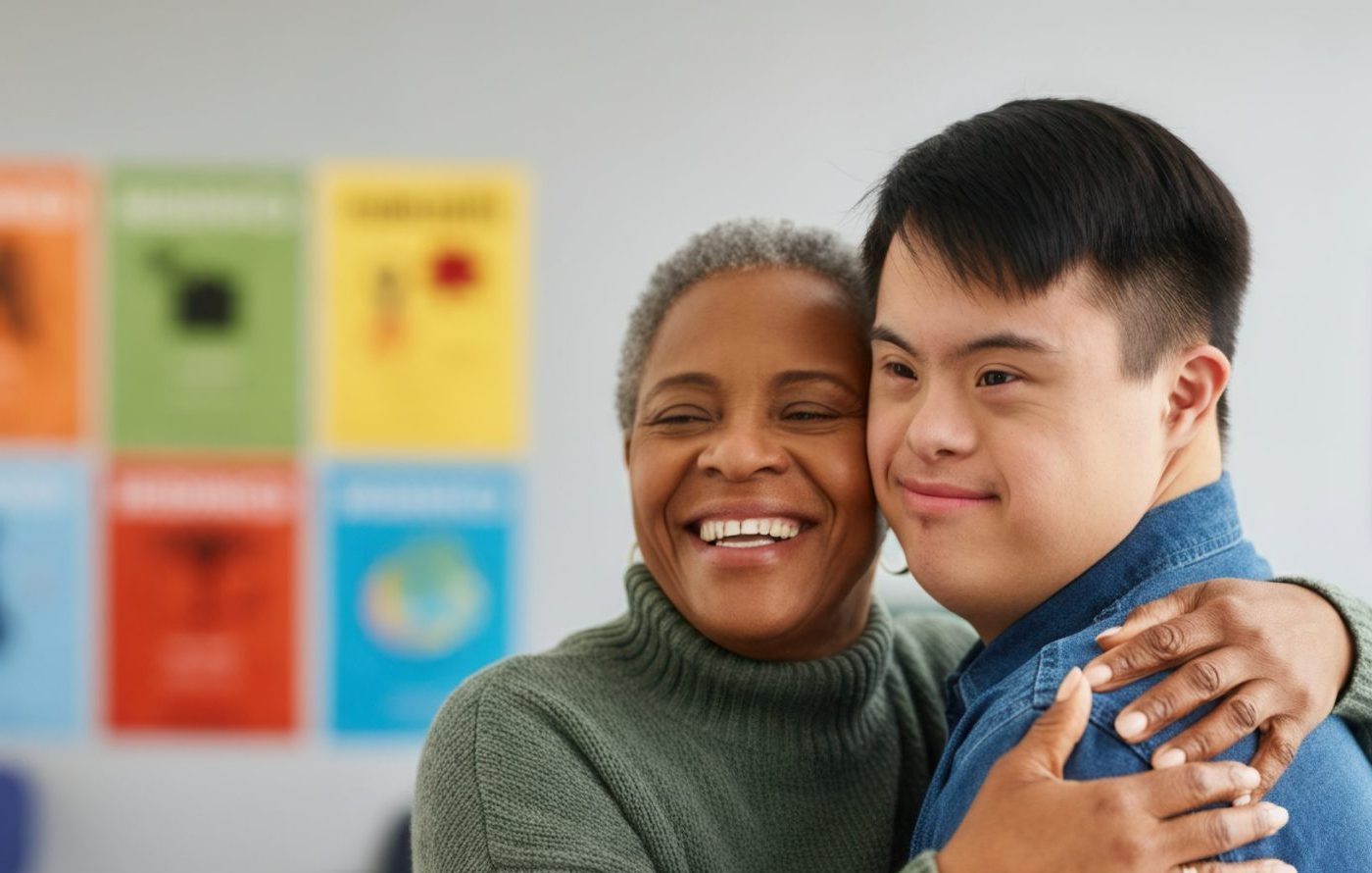 An older woman and a young man with Down syndrome are smiling and hugging in a brightly lit room with colorful posters on the wall.