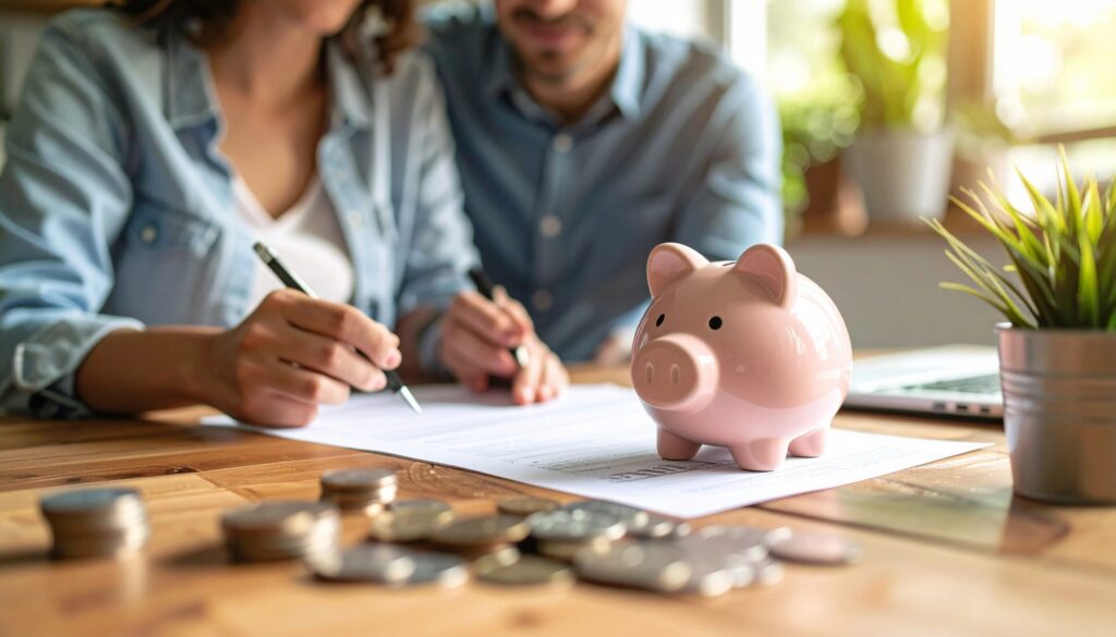Two people review documents at a table with a pink piggy bank, coins, and a plant, suggesting they're reviewing with a La Grange estate planning lawyer.