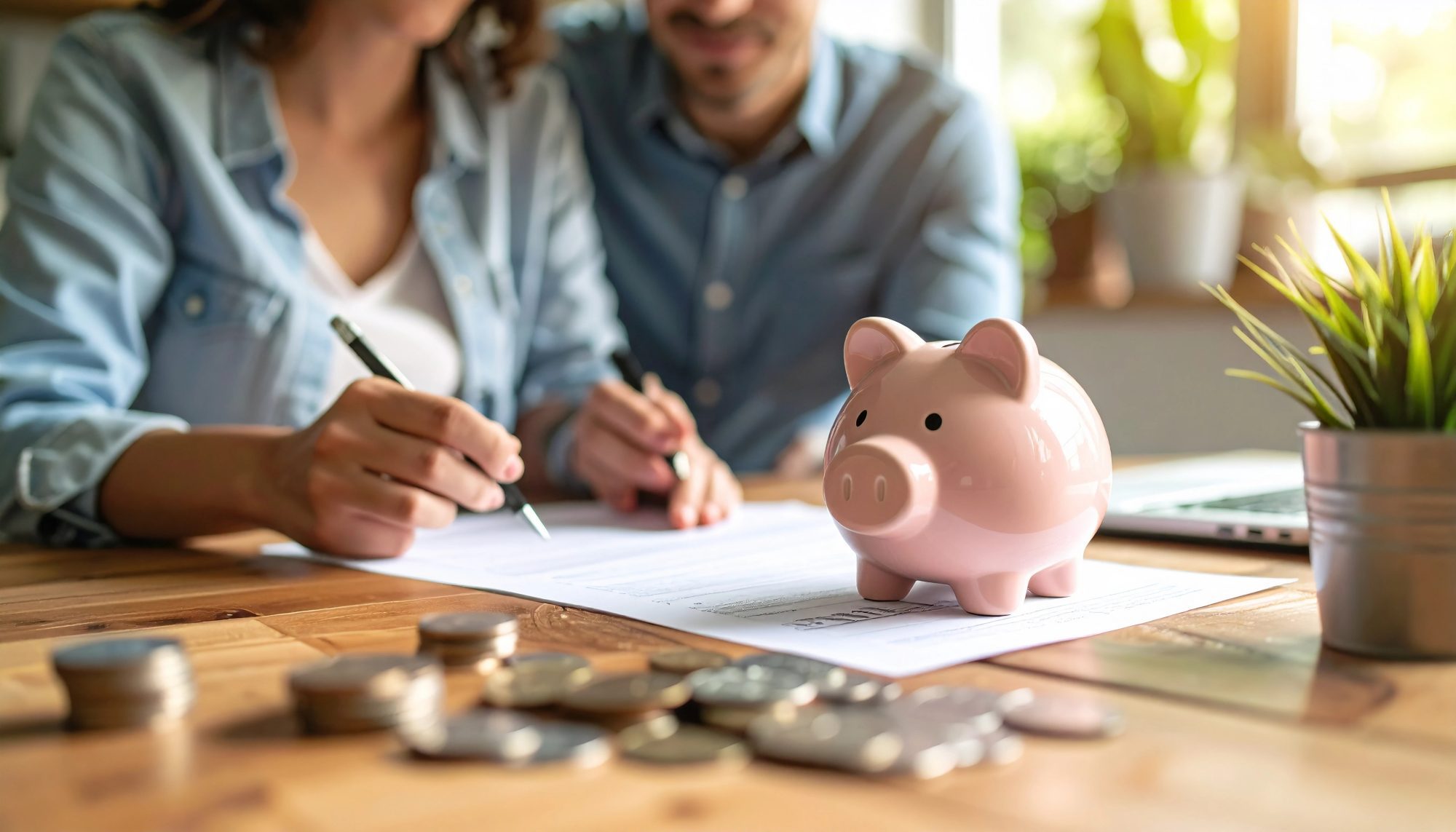 Two people review documents at a table with a pink piggy bank, coins, and a plant, suggesting they're reviewing with a La Grange estate planning lawyer.
