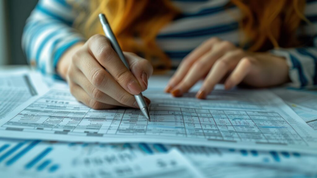 Amidst a desk cluttered with papers and charts, a person wearing a striped long-sleeve shirt meticulously fills out forms related to Brookfield Elder Law.