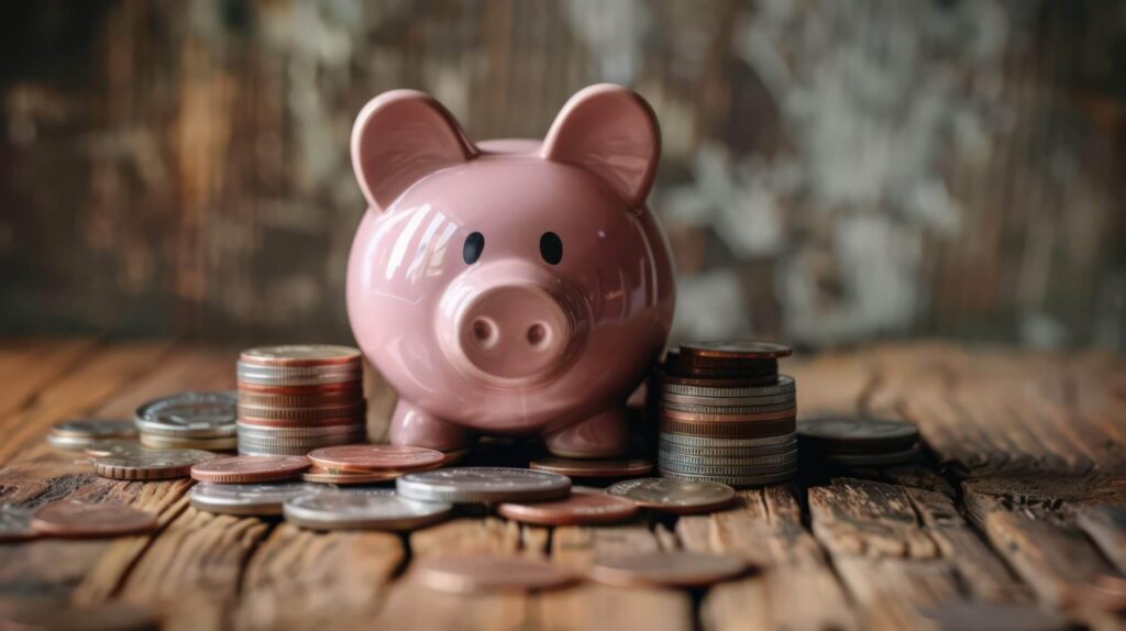 A pink piggy bank sits among stacks and scattered coins on a wooden surface, evoking thoughts of LaGrange Estate Planning against a blurred rustic background.